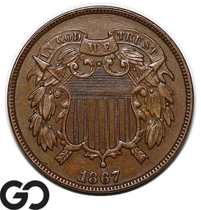 1867 Two Cent Piece, Choice AU++/Unc - Picture 1 of 3