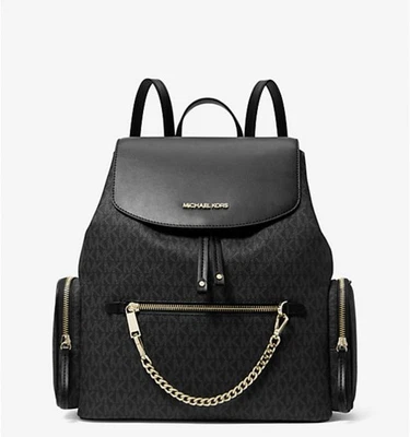 Mochila Michael Kors feminina jet set grande assinatura PVC corrente aba preta - Imagem 1 de 4
