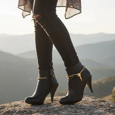 NUEVO Mujeres 2 PIEZAS Oro Metal Bota Cadena Pulsera Zapato Tobillera Cuerno Largo Toro Dije Foto 1 de 4