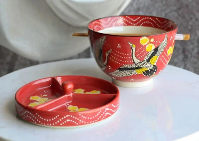 EBROS GIFT Red Flying Crane Ramen Bowl With Tempura Divider Condiment Lid Chopsticks Set