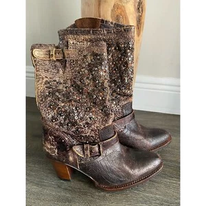 New SENDRA Metallic Studded Lug Heel Distressed Brown Leather Boots Sz 6.5 - Picture 1 of 13