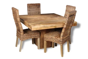 SOLID MANGO WOOD LIGHT DAKOTA 120CM CUBE DINING TABLE & 4 RATTAN CHAIRS NEW - Picture 1 of 6