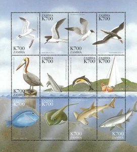 Zambia 1999 - Sea Birds, Dolphins, Sharks, and Boat - Sheet of 12 - Sc 826 - MNH - Picture 1 of 1