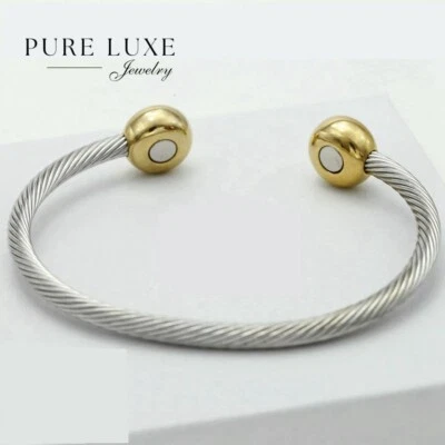 Men's 7" Stainless Steel Magnetic Cuff Cable.Bracelet Gold plated*Box ,Discount - Image 1 of 3