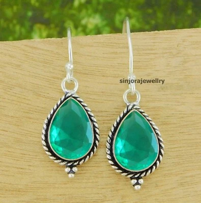Green Tourmaline Gemstone 925 sterling silver handmade Dangle/Drop Earrings 1.5" - Image 1 of 4