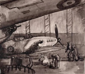John Hornbuckle Drawing, ink wash fighter plane maintenance. WWII Naval aviation - Picture 1 of 6