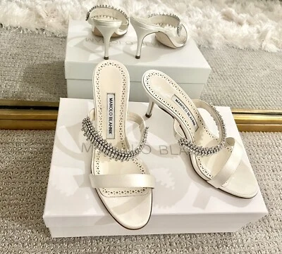 Manolo Blahnik Sako 70mm White Silk Embellished Sandals size 37 *NIB* Orig $1145 - Image 1 of 4