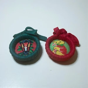 Handmade Christmas Ornaments Set Of 2 Cross-Stitch Designs Teddy Bear & Lantern - Picture 1 of 5