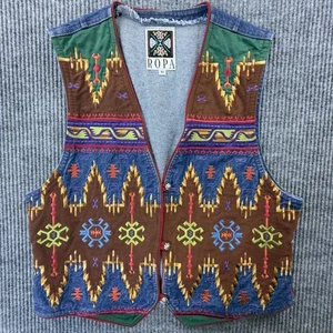 Vintage ROPA Hairston Roberson Vest Womens Medium Denim Southwestern Concho 90s - Picture 1 of 7