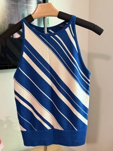 Silk Blend Knit Tank Top Small Blue Cream Striped Sleeveless High Neck - Picture 1 of 3