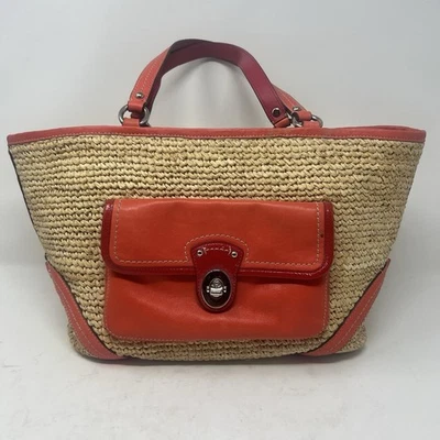 Coach Straw Front Pocket Tote Red Orange Leather Handle Trim Wicker Shoulder Bag - Image 1 of 4