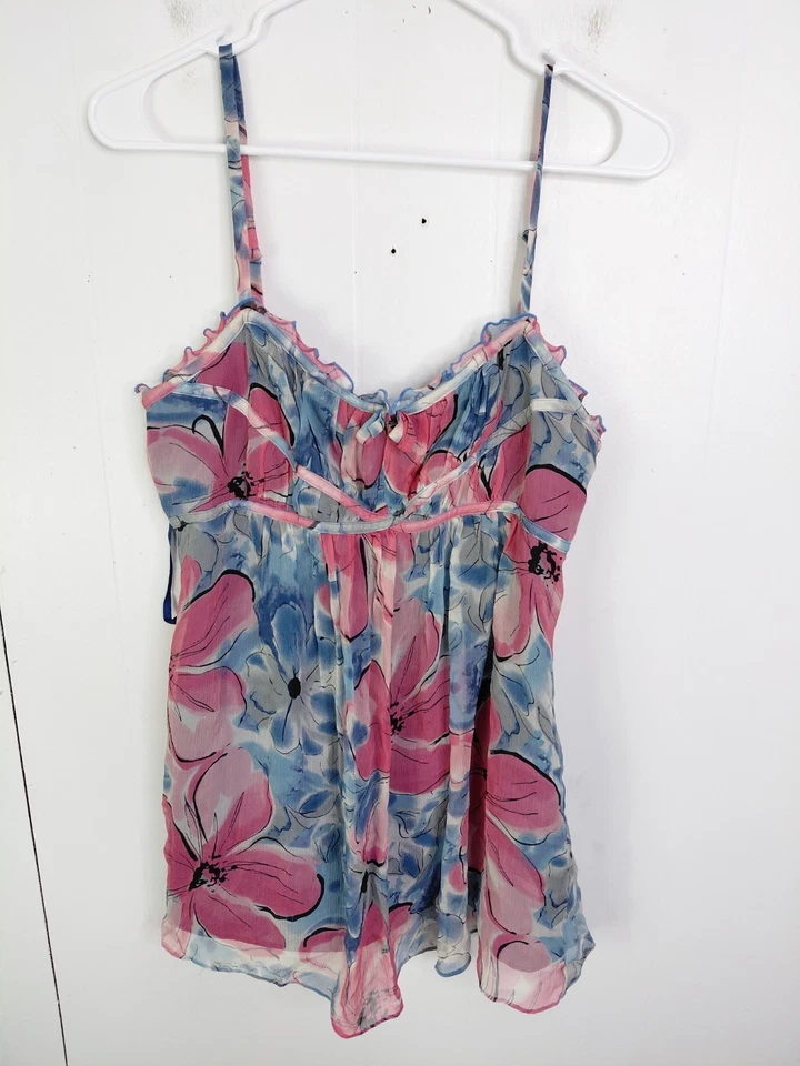 INC Top Mujer 8 M Babydoll Seda Y2K Silenciado Colorido Floral Volantes Retro Foto 1 de 4