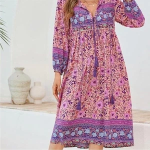 R. Vivimos Boho Abito Midi Manica Lunga Nappe Floreali Taglia Large Rosa - Foto 1 di 6