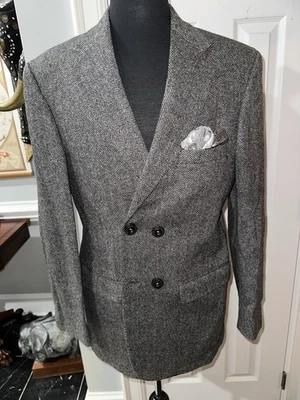TOWNCRAFT, 100% WOOL, MEN'S GRAY HERRINGBONE, DOUBLE-BREASTED BLAZER     Sz: 40L - Image 1 of 4