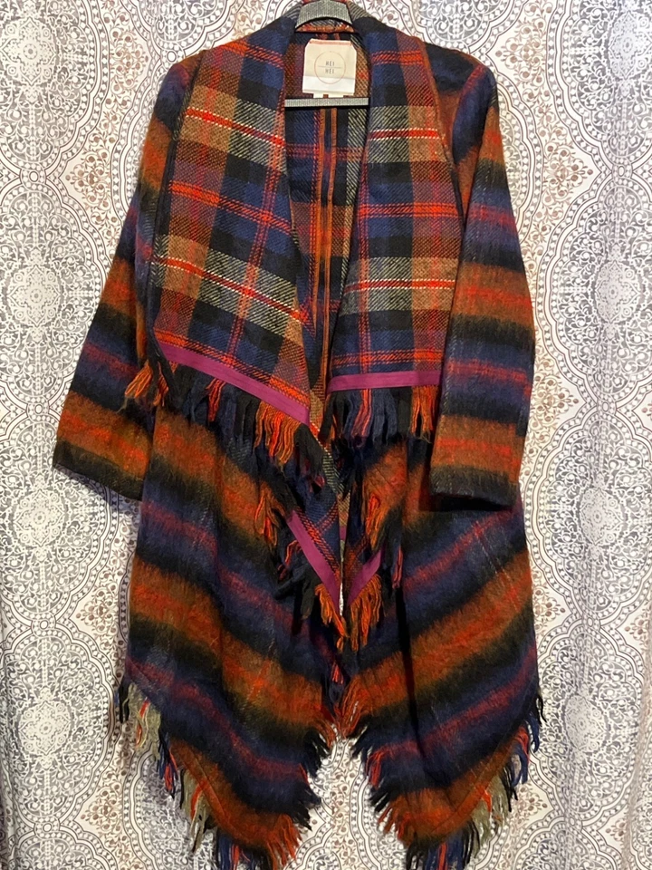 Cárdigan Chaqueta Mujer Hei Hei Flecos Cuadros Naranja y Azul Boho Frente Abierto Talla S Foto 1 de 4