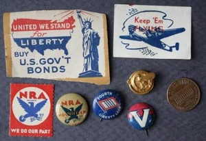 1940s World War II Buy War Bonds 7 piece set stickers ruptured duck pin NRA too- - Picture 1 of 1