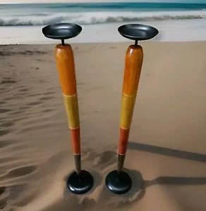 2 Floor Candlesticks Drink Holders 30" Tapered Tricolor Wood Metal Boho Tiki MCM - Picture 1 of 19