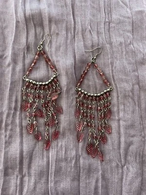 Pink Dangle Earrings With Small Pink Feathers  - Image 1 of 4