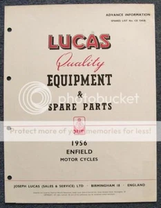 LUCAS ELECTRICS ENFIELD Motorcycled Advanced Info Spares List 1956 #1243A - Picture 1 of 2