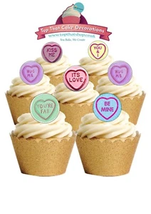 Cake Toppers Valentines LOVE HEART SWEETS 24 PRECUT Edible Wafer Paper Circles - Picture 1 of 8