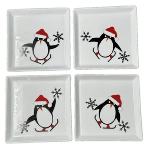 Crate & Barrel Christmas Penguin Porcelain Appetizer Plates Set of 4 New in Box - Picture 1 of 5