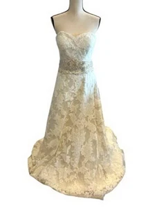 Signature Justin Alexander Pearl Silver Beaded Lace Wedding Gown Size 12 $1748 - Picture 1 of 4