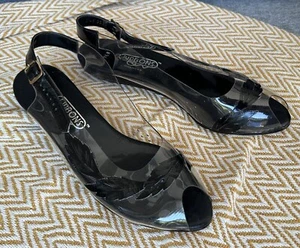 Zapatos para mujer vintage negros patente vinilo transparente con cuña punta de peep cintas EE. UU. 9.5N - Imagen 1 de 11