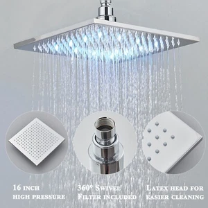 16in Rainfall Shower Head High pressure Spray LED Square Rain Showerhead Chrome - Picture 1 of 11