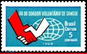 1108 BRAZIL 1968 VOLUNTARY BLOOD DONOR'S DAY, HANDS, HEALTH, GLOBE, C-621, MNH - Picture 1 of 2