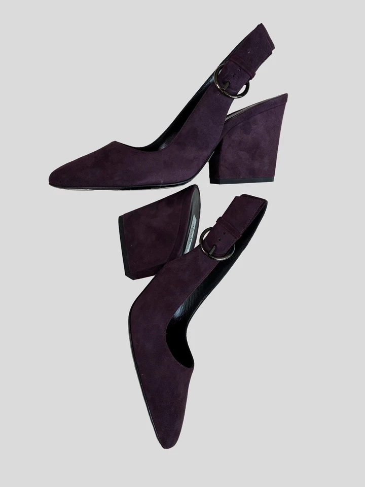Max Mara Gamuza Eslinga Trasera Púrpura Bomba 3" Tacón Bloque Italia Talla 36.5 Nuevo $515 Foto 1 de 4