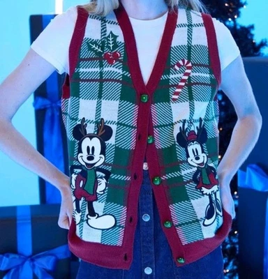 Her Universe Disney Mickey Minnie Vacaciones Bordado a Cuadros Suéter Chaleco Mujer XL Foto 1 de 4