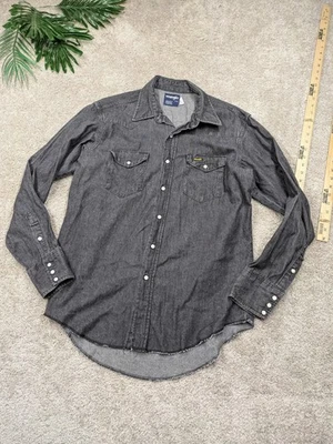 Wrangler Shirt Mens 17-35 Gray Denim Western Snap Brushpopper X Long Tails USA - Image 1 of 4
