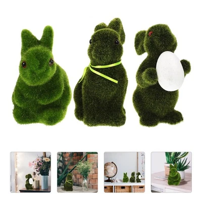  3 Pcs Flocking Rabbit Figurines Moss Covered Bunny Craft Ornament - Image 1 of 4