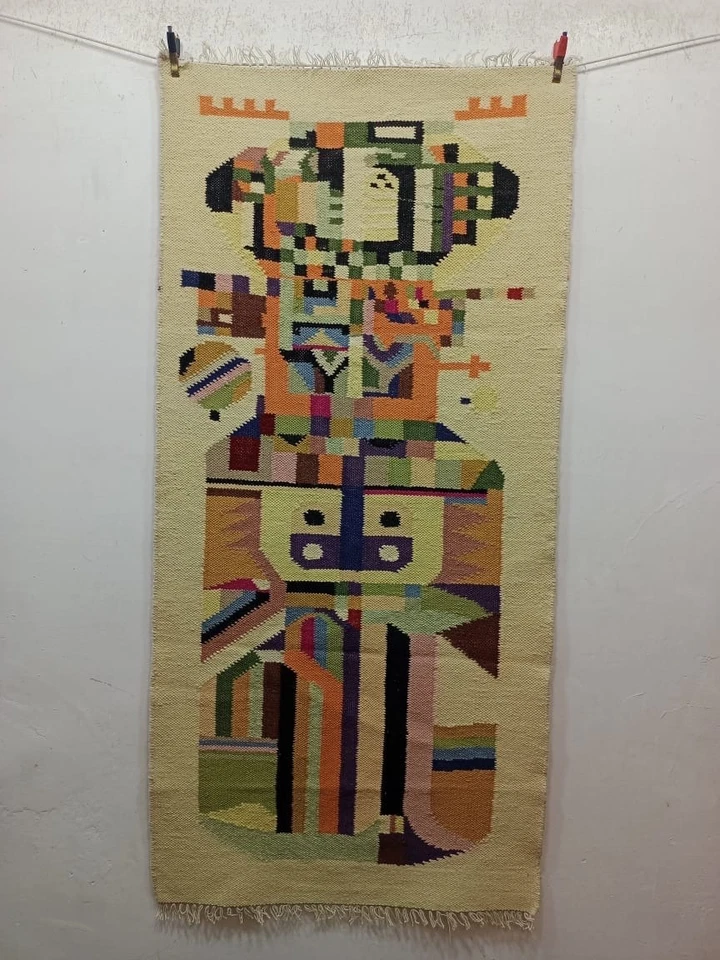 Vintage Beautiful Hand Woven Art Abstract Geometric Design Wool Rug Kilim 157x76 - Image 1 of 4