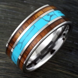 10mm Tungsten Men's Turquoise and Double Hawaiian Koa Wood Wedding Band - Picture 1 of 12