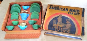 Antique Akro Agate Little American Maid Children's 17 Pc Octagon Tea Set w Box - Picture 1 of 2