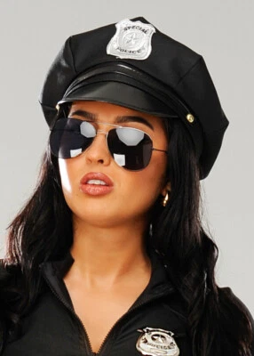 Adult Size Cop Fancy Dress Black Police Hat with Badge - Image 1 of 2