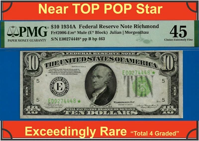 1934A $10 Federal Reserve Note PMG 45 only 4 known Richmond star Fr 2006-Em* - Image 1 of 4