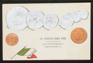 45.-1900er VINTAGE MEXIKO GEPRÄGTE KUPFER & SILBER MÜNZEN & FLAGGE POSTKARTE - Bild 1 von 2