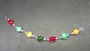 Red Green Yellow Real Jade Cabochon 18KGP Imitation Diamond Fish Bangle Bracelet - Picture 1 of 9