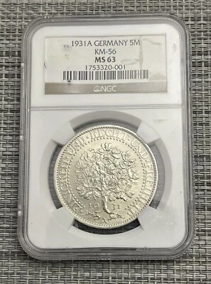 1931A Germany 5M Oak Tree Silver 5 Reichmark KM-56 NGC MS 63 #A - Image 1 of 4