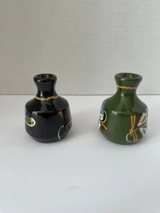 2-Vintage Vases Mini MHV Hungarian Terracotta Hand Painted Folk Art Signed - Picture 1 of 7