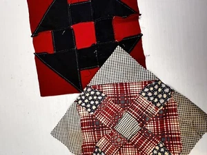 Hole In THe Barn Door Quilt Squares 12" x 12" Red Blue Handmade Vintage Quilting - Picture 1 of 4