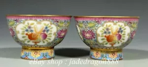 3.8" China Qianlong Marked enamel Porcelain flower peach Tea cup wine bowl Pair - Picture 1 of 9