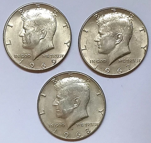 Half Dollar Lot Of 3 40% Silver John F. Kennedy Half Dollars 1967P 1968D 1969D Cover