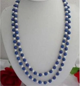 Natural 65 inch 8mm Egyptian Blue Lapis Lazuli Real White Pearl Necklace - Picture 1 of 4