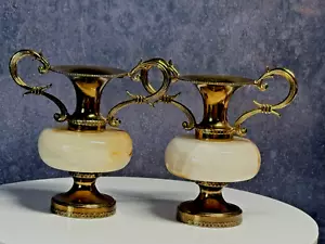 Vintage Candle Holder Vase Set of Two Brass Marble Onyx Amphora Small - Picture 1 of 13