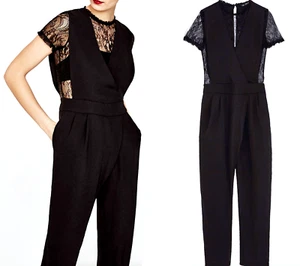 ZARA BLACK JUMPSUIT ELEGANT JUMPSUIT WITH SHORT LACE SLEEVE size L NEW - Picture 1 of 5