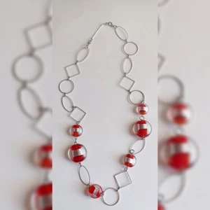 Retro 1980s Dichroic Red Art Glass & Silver Metal Long Geometric Necklace - Picture 1 of 3