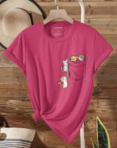 New! Shein Cats Falling Out Of Pocket T Shirt Womens Size M or XL Black or Pink - Bild 1 von 12